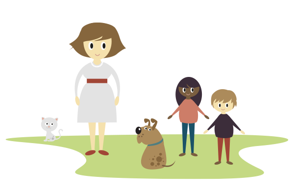 Familjehemscenter illustration av mamma, tre barn, en katt och en hund