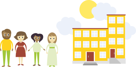 Familjehemscenter illustration av fyra personer som står framför en byggnad