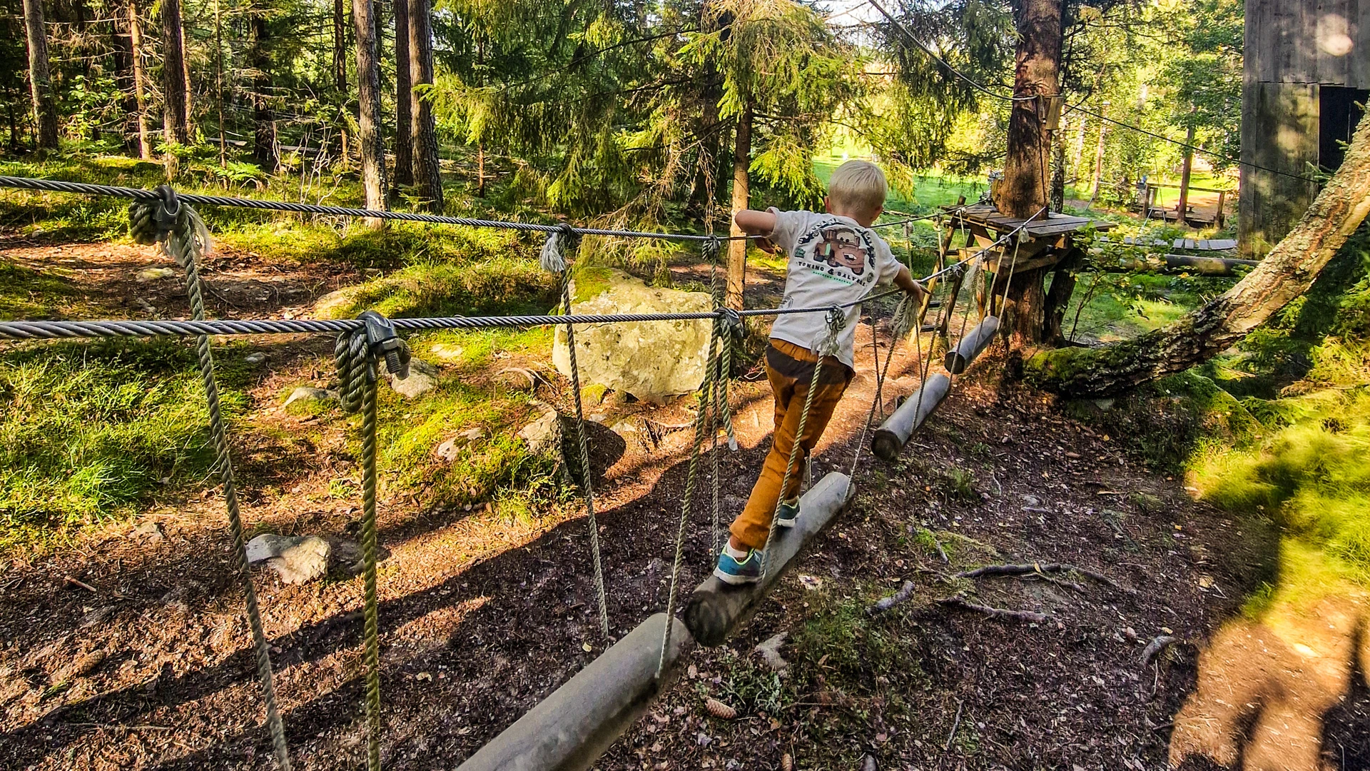 Pojke går äventyrsbana.
